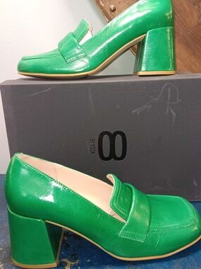 Green Patent Leather Block Heel Loafers - Women's